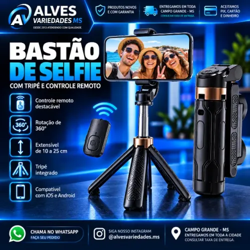 Bastão de selfie com tripé de mesa controle bluetooth