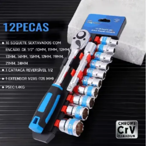 Jogo de chave soteque sextavadas encaixe 1/2'  kit 12 peças (10 a 24mm)