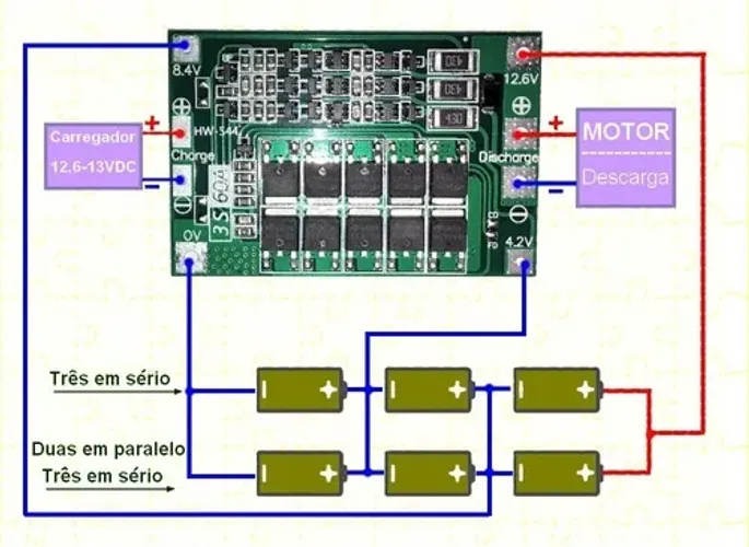 Placa Proteção Bms 3s 60a c arregador de pilhas 18650
