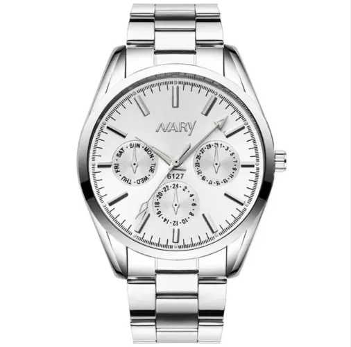 Relógio De Pulso Prateado Clássico Quartzo Lindo Pulseira de Inox Bonito Elegante NARY