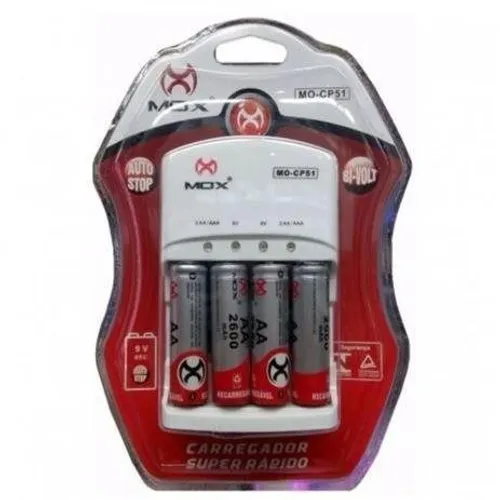 Pilha Recarregável Mox Aa Aaa + Carregador Rápido Bivolt