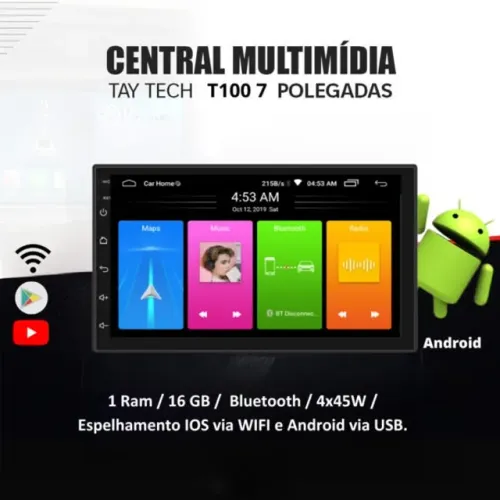 Central Multimídia Espelhamento Via Cabo Tela 7 Polegadas 2Din