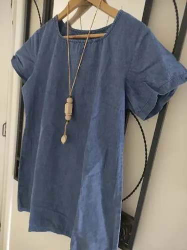 Vestido jeans leve Tam M (42) 50,00<br>Altura 84cm<br>Largura busto 55cm<br>