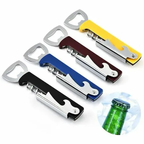 Abridor de garrafas e saca rolhas em aço inox com dois estágios <br>