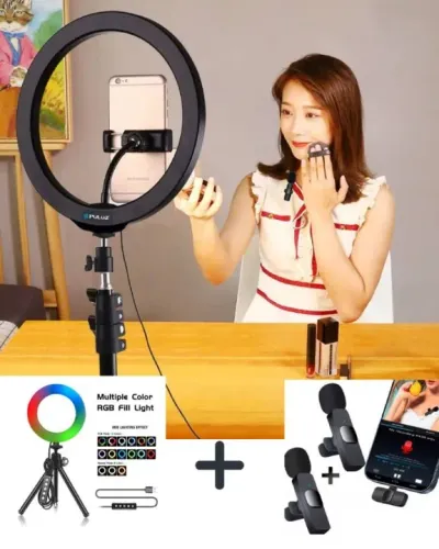 KIT 2 Microfone Lapela S/Fio + Ring Light RGB 6 Polegadas C/tripé (NOVO)