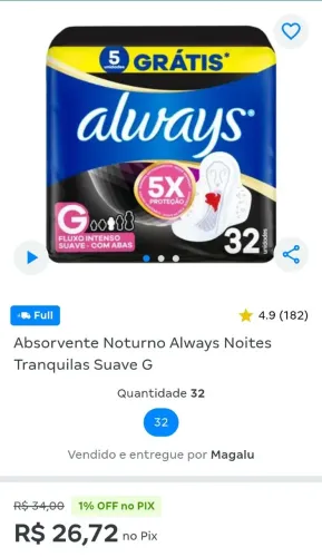 Absorvente Noturno Always Noites Tranquilas Suave G