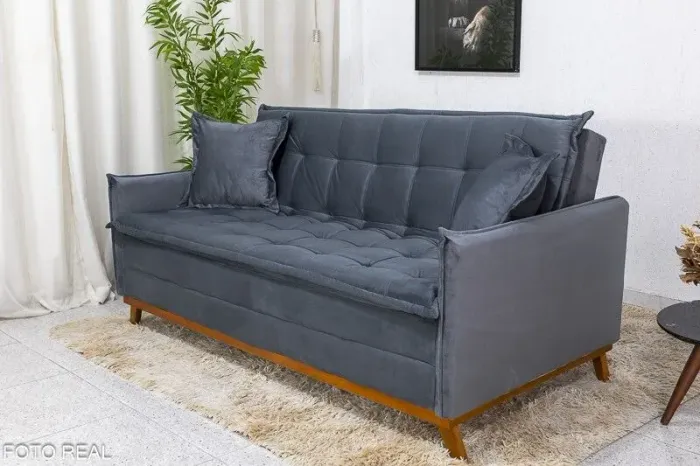 Sofá Cama Casal com Braço 193cm Veludo Cinza