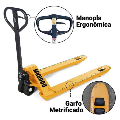 Paleteira 3Toneladas garfo reforçado de 680mm roda dupla 1 ano de garantia