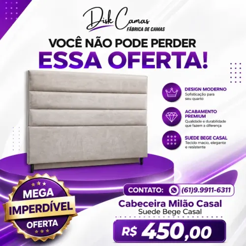 Cabeceira Milão Casal Suede Bege 1,38m | Cabeceira Estofada Casal Direto da Fábrica R$450