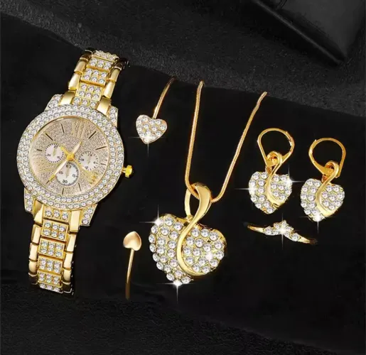 Promoção Namorados! Kit Relógio Coração Feminino Strass Colar Bracelete Brinco Anel