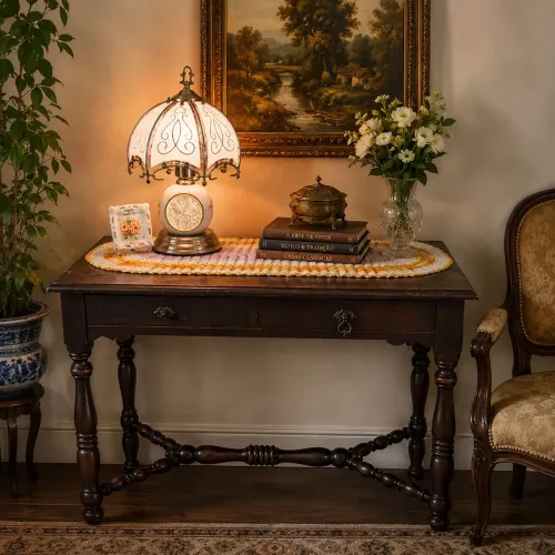 Mesa auxiliar colonial em madeira maciça com 2 gavetas