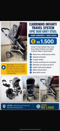 Carrinho Infanti Travel System Epic Duo Grey Steel + Bebê Conforto + Base Isofix