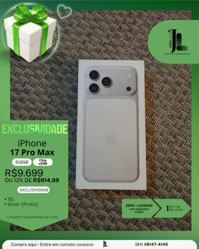 IPHONE 17 PRO MAX, 512GB, CHIP ESIM, SILVER (PRATA), LACRADO, LANÇAMENTO!