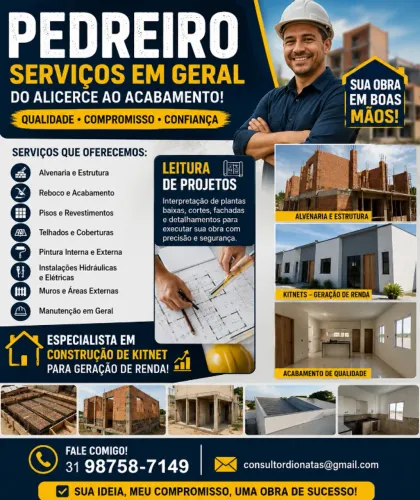 Pedreiro Especializado | Construção, Reforma, Acabamento e Kitnets | Orçamento Grátis
