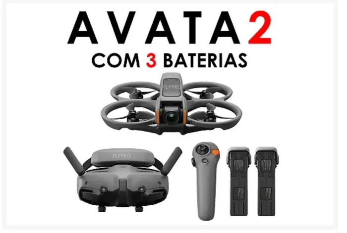 DJI Avata 2 na caixa, 3 baterias, Kit Filtro ND Freeweel e carregador inteligente.