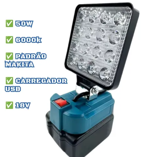 LANTERNA / REFLETOR A BATERIA + 2 PORTAS USB