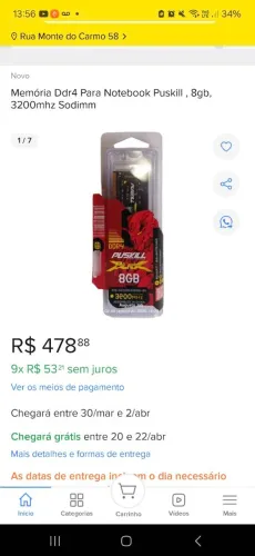 Memoria ddr4 8gb notebook puskill gamer