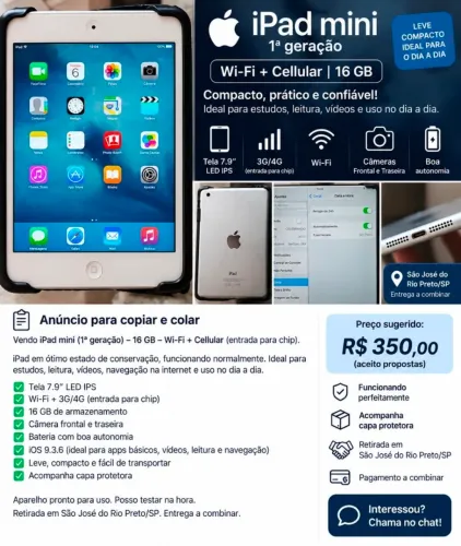 Vendo iPad mini (1ª geração), 16 GB, Wi-Fi + Cellular (entrada para chip).