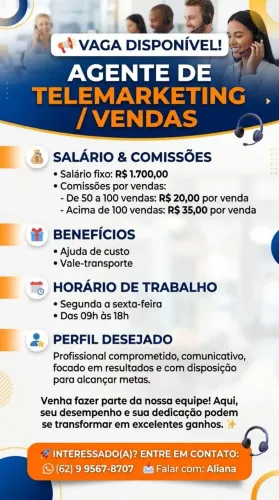 Vaga para telemarketing início imediato