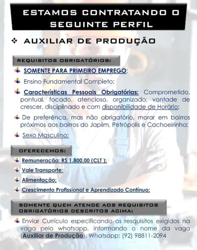Auxiliar de Produção (Somente Primeiro Emprego)