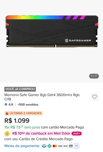 2 Memórias Ram 8gb DDR4 3600 NOVAS