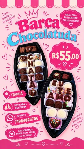 BARCA CHOCOLATUDA COM FRASE - R$ 55,00 - PRONTA ENTREGA