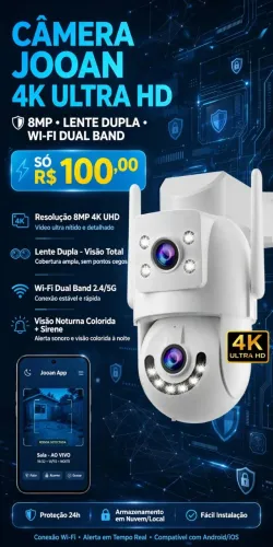 Câmera de Segurança Jooan 8MP 4K UHD Wi-Fi Dual Band com Lente Dupla e Sirene