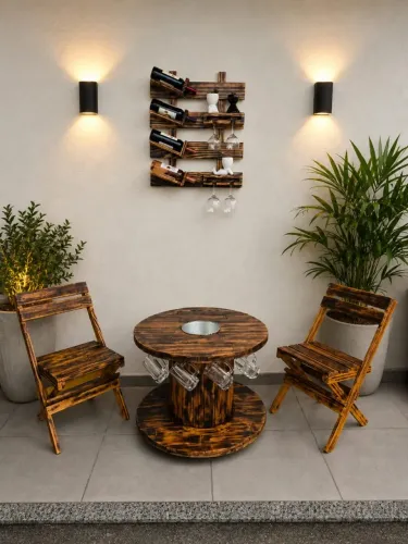 Jogo de mesa com adega em madeira
