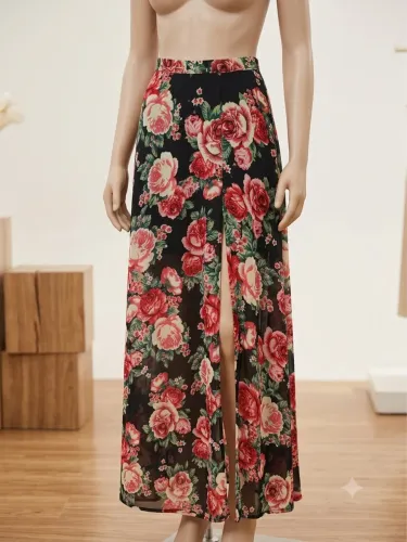 Saia longa floral com fenda 