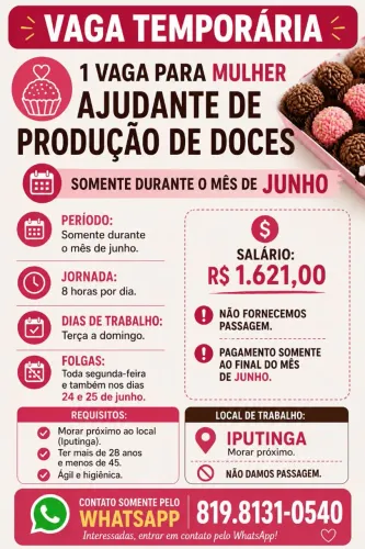 Vaga temporária ajudante de produção. LEIA O ANÚNCIO 