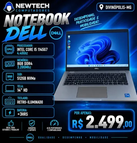 Notebook Dell Core i5 1145G7 4.40GHz / Mem 8Gb / SSD 512Gb / Tela 14" HD (aceito cartão)