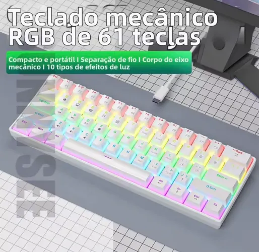 Teclado Mecânico K61 60% RGB Gamer Com Fio Switch Azul