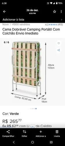 Cama dobrável nova leve