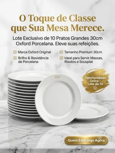 Jogo De 10 Pratos Grandes 30cm Oxford - Porcelana Branca (Impecáveis)