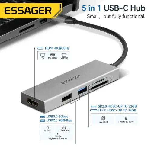 Mobilador Essager 5 em 1 Hub USB-C Compatível com MacBook Pro/Air, iPad Pro