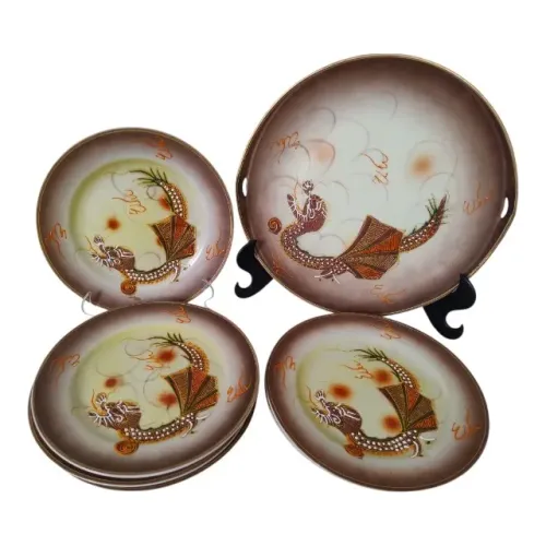Antigo Prato Bolo 6 Sobremesa Porcelana Satsuma Japonesa Dragão 7 Pçs