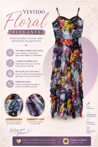 Vestido longo florido com base cinza para festa