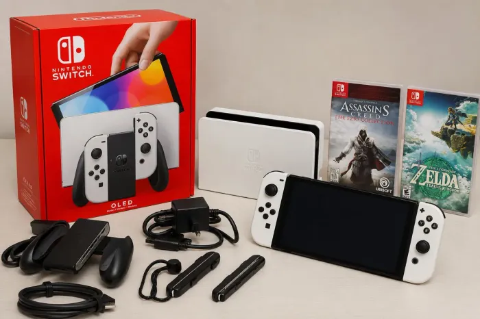 Nintendo Switch OLED + 2 Jogos | Estado de Novo + Caixa + Todos os acessórios 