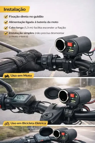 Carregador Tomada Moto Celular Acendedor 12v Usb Compacto Preto
