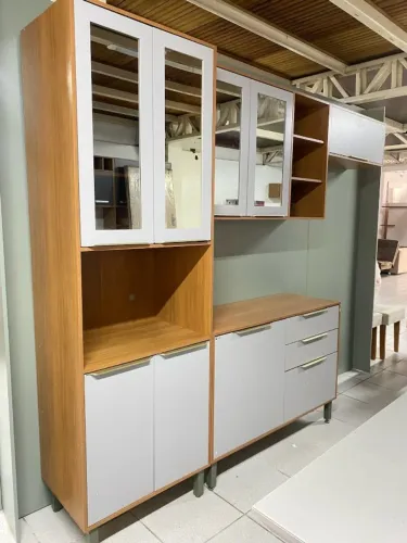 Armário de Cozinha Completo Cristaleira 6 Portas + Vidro - Freijó com Cinza Claro - NOVO