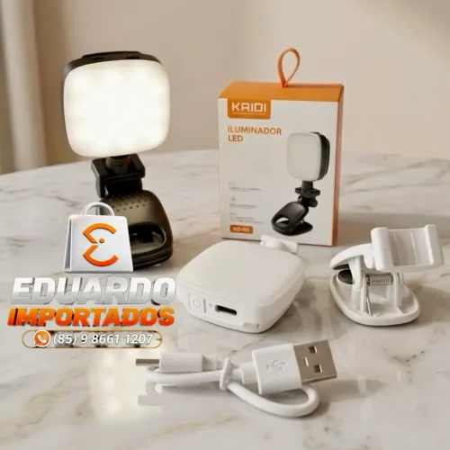 Iluminador LED Selfie, Vídeo, Vlog para Celular e Notebook com Garra/Clip, Recarregável
