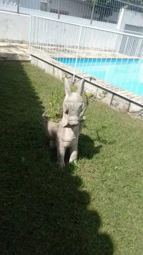 burrinho feita de cimento, usada como vaso decorativo para jardim