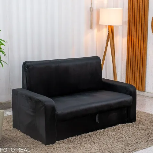 Sofá Cama com Baú Veludo Preto