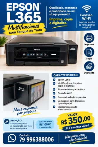 Impressora Multifuncional Epson L365 - Tanque de Tinta