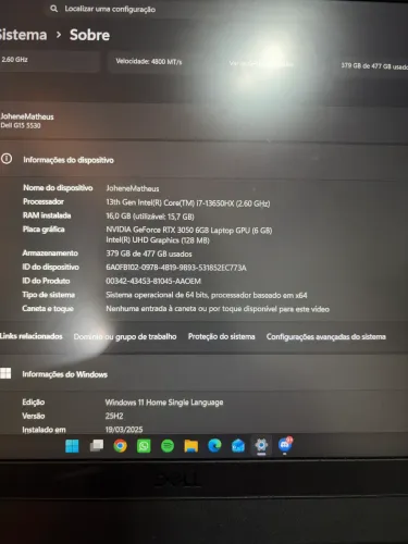 Notebook Gamer Dell G15 5530 512 GB 16GB i7 NVIDIA 3050 6GB