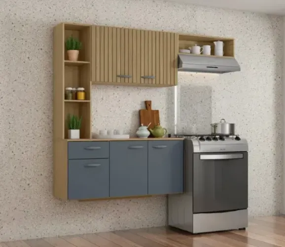 Armário Cozinha Suspensa Isis Damasco Ripado 3D.Cinza Poquema - Entrega Rápida! 