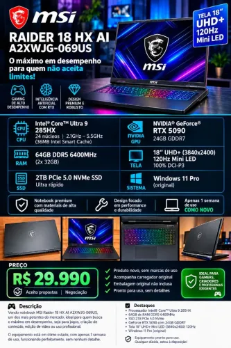 Laptop Gamer MSI Raider 18 HX AI, RTX 5090, 64GB RAM