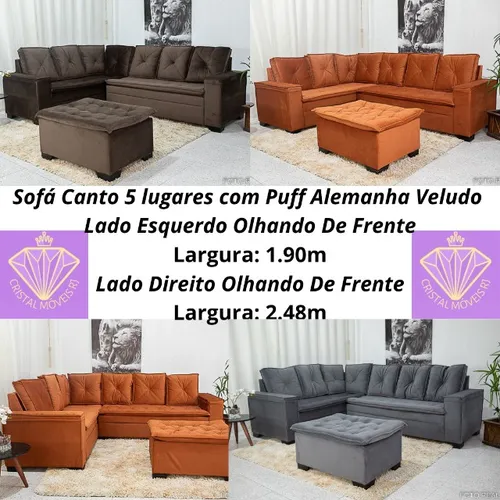 Sofá Canto 5 lugares com Puff Alemanha Veludo RF