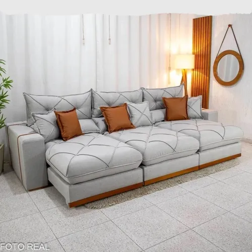 Sofá Retrátil Reclinável 3.20m Linho Cinza - D33 e Molas Ensacadas rf9866