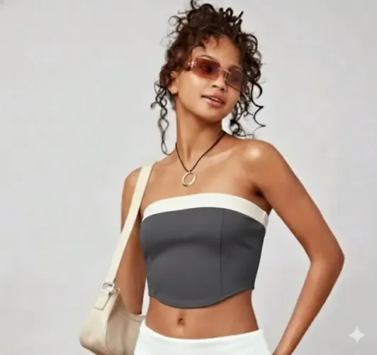 CROPPED CINZA ALFAIATARIA COM FAIXA BRANCA E ZIPER NAS COSTAS - TAMANHO P/36